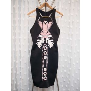 Black Body Con Scuba Embroidery Party Dress